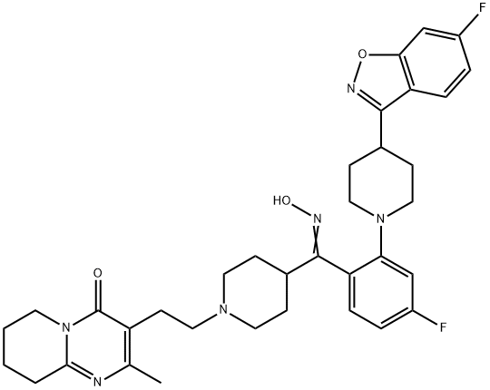 3-[2-[4-[(Z)-(4-Fluoro-2-[4-(6-fluoro-1,2-benzisoxazol-3-yl)piperidin-1-yl)phenyl](hydroxyiMino)Methyl]piperidin-1-yl]ethyl]-2-Methyl-6,7,8,9-tetrahydro-4H-pyrido[1,2-a]pyriMidin-4-one (Risperidone IMpurity) Struktur