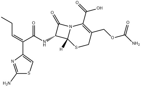 (6R,7R)-3-[[(Aminocarbonyl)oxy]methyl]-7-[[(2Z)-2-(2-amino-4-thiazolyl)-1-oxo-2-pentenyl]amino]-8-oxo-5-thia-1-azabicyclo[4.2.0]oct-2-ene-2-carboxylic acid Structure