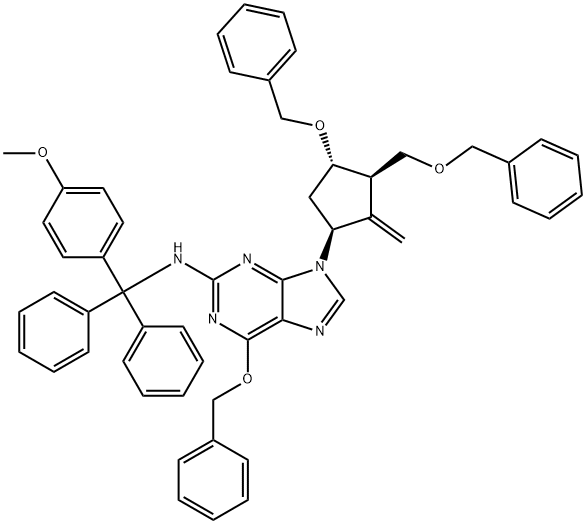 6-(Benzyloxy)-9-((1S,3R,3S)-4-(benzyloxy)-3-(benzyloxymethyl)-2-methylenecyclopentyl)-N-((4-methoxyphenyl)diphenylmethyl)-9H-purin-2-amine Structure