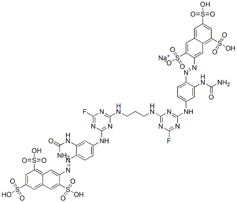 1,3,6-Naphthalenetrisulfonic acid, 7,7-1,3-propanediylbisimino(6-fluoro-1,3,5-triazine-4,2-diyl)imino2-(aminocarbonyl)amino-4,1-phenyleneazobis-, sodium salt Struktur