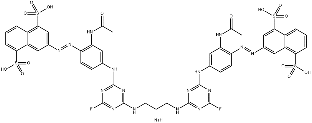 1,5-Naphthalenedisulfonic acid, 3,3-1,3-propanediylbisimino(6-fluoro-1,3,5-triazine-4,2-diyl)imino2-(acetylamino)-4,1-phenyleneazobis-, sodium salt Struktur