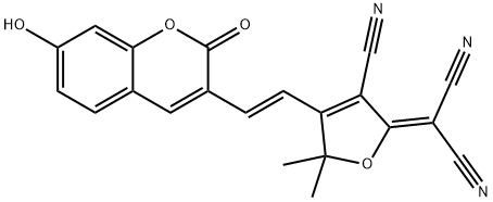 Propanedinitrile, 2-[3-cyano-4-[(1E)-2-(7-hydroxy-2-oxo-2H-1-benzopyran-3-yl)ethenyl]-5,5-dimethyl-2(5H)-furanylidene]- Struktur