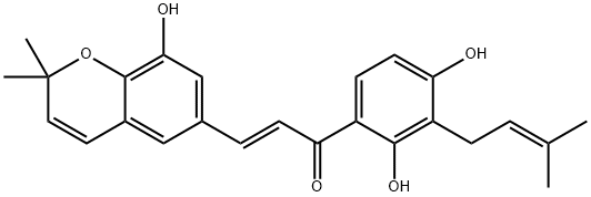 1-(3-(3-methyl-2-butenyl)-2,4-(dihydroxy)phenyl)-3-(2,2-dimethyl-8-hydroxy-2H-benzopyran-6-yl)-2-propen-1-one Struktur