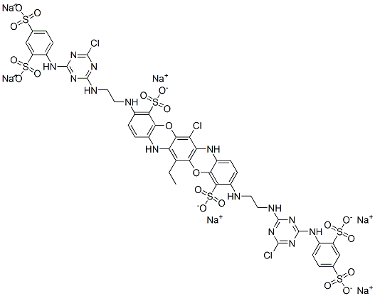 6-Chloro-3,10-bis[2-[4-chloro-6-(2,4-disulfophenylamino)-1,3,5-triazin-2-ylamino]ethylamino]-13-ethylbenzo[5,6][1,4]
oxozino[2,3-b]phenoxazine-4,11-disulphonic acid, sodium salt Struktur