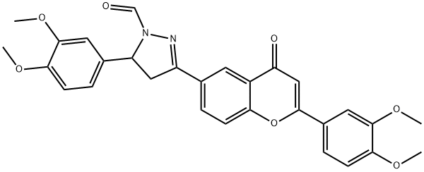 1H-Pyrazole-1-carboxaldehyde, 4,5-dihydro-5-(3,4-dimethoxyphenyl)-3-(2 -(3,4-dimethoxyphenyl)-4-oxo-4H-1-benzopyran-6-yl)- Struktur