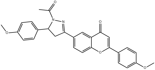 1H-Pyrazole, 4,5-dihydro-1-acetyl-5-(4-methoxyphenyl)-3-(2-(4-methoxyp henyl)-4-oxo-4H-1-benzopyran-6-yl)- Struktur