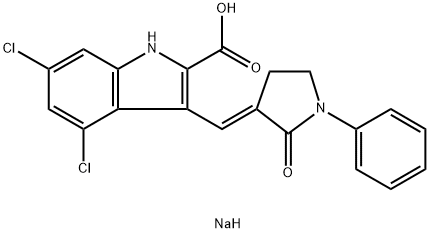 sodium 4,6-dichloro-3-[(E)-(2-oxo-1-phenyl-pyrrolidin-3-ylidene)methyl]-1H-indole-2-carboxylate Struktur