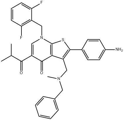 2-(4-Amino-phenyl)-3-[(benzyl-methyl-amino)-methyl]-7-(2,6-difluoro-benzyl)-5-isobutyryl-7H-thieno[2,3-b]pyridin-4-one Struktur