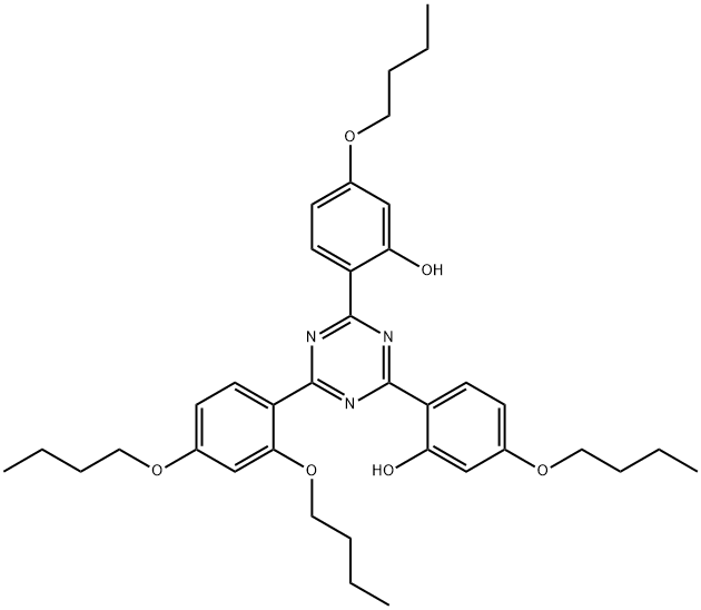 2,4-Bis[2-hydroxy-4-butoxyphenyl]-6-(2,4-dibutoxyphenyl)-1,3,5-triazin Struktur