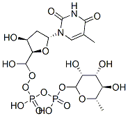 [hydroxy-[[(2R,3S,5R)-3-hydroxy-5-(5-methyl-2,4-dioxopyrimidin-1-yl)oxolan-2-yl]methoxy]phosphoryl] [(3R,4R,5R,6S)-3,4,5-trihydroxy-6-methyloxan-2-yl] hydrogen phosphate Struktur