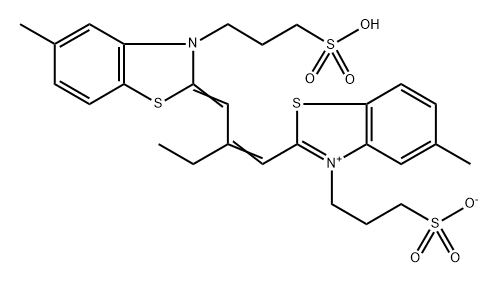 hydrogen 5-methyl-2-[2-[[5-methyl-3-(3-sulphonatopropyl)-3H-benzothiazol-2-ylidene]methyl]but-1-enyl]-3-(3-sulphonatopropyl)benzothiazolium  Struktur