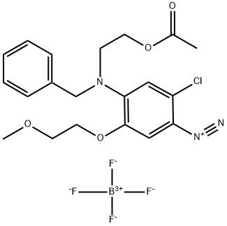 4-[[2-(acetoxy)ethyl](phenylmethyl)amino]-2-chloro-5-(2-methoxyethoxy)benzenediazonium tetrafluoroborate Struktur