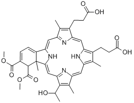 23H,25H-Benzo[b]porphine-9,13-dipropanoic acid, 1,22a-dihydro-19-(1-hydroxyethyl)-1,2-bis(methoxycarbonyl)-8,14,18,22a-tetramethyl- Struktur