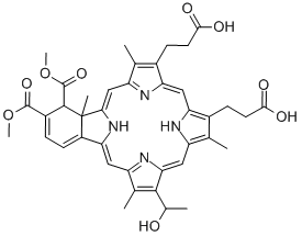 23H,25H-Benzo[b]porphine-9,13-dipropanoic acid, 4,4a-dihydro-18-(1-hydroxyethyl)-3,4-bis(methoxycarbonyl)-4a,8,14,19-tetramethyl- Struktur