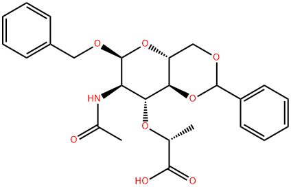 2-(3-ACETAMIDO-2-BENZYL-4,6,OBENZYLIDENE-ALPHA-D-GLUCOPYRNOSID-4-YLOXY)PROPIONIC ACID Structure