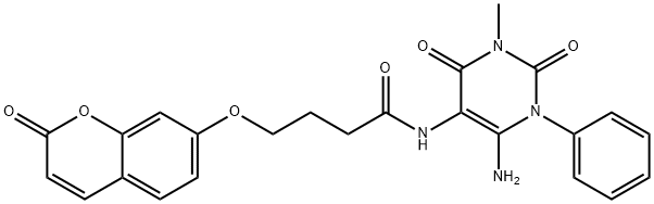 Butanamide,  N-(6-amino-1,2,3,4-tetrahydro-3-methyl-2,4-dioxo-1-phenyl-5-pyrimidinyl)-4-[(2-oxo-2H-1-benzopyran-7-yl)oxy]- Struktur