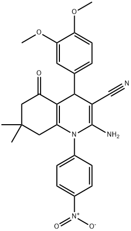 2-amino-4-(3,4-dimethoxyphenyl)-7,7-dimethyl-1-(4-nitrophenyl)-5-oxo-1,4,5,6,7,8-hexahydro-3-quinolinecarbonitrile Struktur