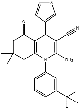 2-amino-7,7-dimethyl-5-oxo-4-(3-thienyl)-1-[3-(trifluoromethyl)phenyl]-1,4,5,6,7,8-hexahydro-3-quinolinecarbonitrile Struktur