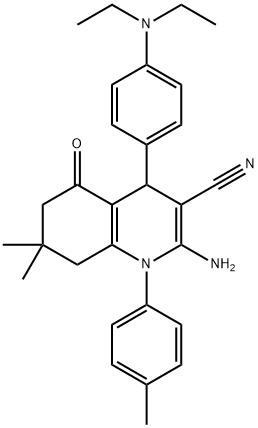 2-amino-4-[4-(diethylamino)phenyl]-7,7-dimethyl-1-(4-methylphenyl)-5-oxo-1,4,5,6,7,8-hexahydro-3-quinolinecarbonitrile Struktur