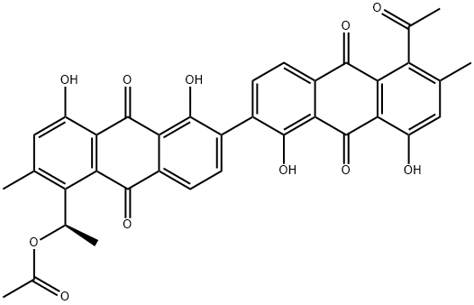 5-[(R)-1-Acetoxyethyl]-5'-acetyl-6,6'-dimethyl-1,1',8,8'-tetrahydroxy-2,2'-bianthraquinone Struktur