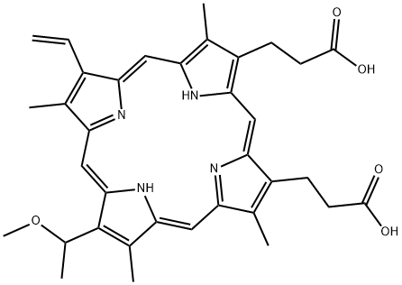 21H,23H-Porphine-2,18-dipropanoic acid, 7-ethenyl-12-(1-methoxyethyl)-3,8,13,17-tetramethyl- Struktur