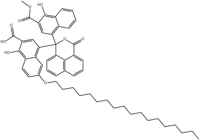 1-hydroxy-4-[1-[4-hydroxy-3-(methoxycarbonyl)-1-naphthyl]-3-oxo-1H,3H-naphtho[1,8-cd]pyran-1-yl]-6-(octadecyloxy)-2-naphthoic acid Struktur