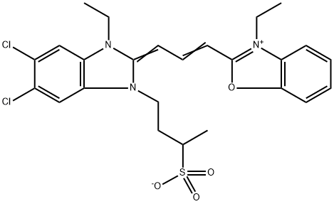 2-[3-[5,6-dichloro-1-ethyl-1,3-dihydro-3-(3-sulphonatobutyl)-2H-benzimidazol-2-ylidene]prop-1-enyl]-3-ethylbenzoxazolium Struktur