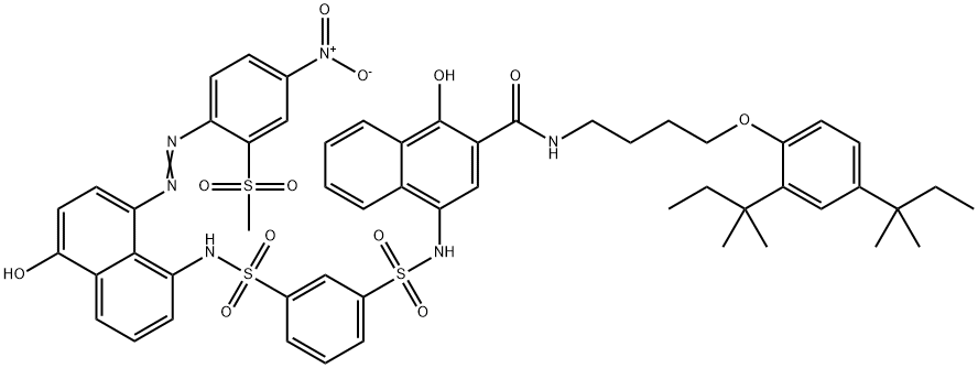 N-[4-[2,4-Bis(1,1-dimethylpropyl)phenoxy]butyl]-1-hydroxy-4-[[[3-[[[5-hydroxy-8-[[2-(methylsulfonyl)-4-nitrophenyl]azo]-1-naphthalenyl]amino]sulfonyl]phenyl]sulfonyl]amino]-2-naphthalenecarboxamide Struktur