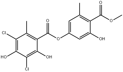 3,5-Dichloro-2,4-dihydroxy-6-methylbenzoic acid 3-hydroxy-4-(methoxycarbonyl)-5-methylphenyl ester Struktur