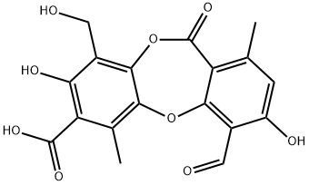 4-Formyl-3,8-dihydroxy-9-(hydroxymethyl)-1,6-dimethyl-11-oxo-11H-dibenzo[b,e][1,4]dioxepin-7-carboxylic acid Struktur