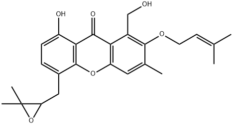 5-[(3,3-Dimethyloxiranyl)methyl]-8-hydroxy-1-hydroxymethyl-3-methyl-2-[(3-methyl-2-butenyl)oxy]-9H-xanthen-9-one Struktur