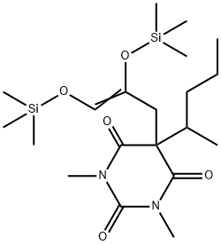 2,4,6(1H,3H,5H)-Pyrimidinetrione, 5-[2,3-bis[(trimethylsilyl)oxy]-2-pr openyl]-1,3-dimethyl-5-(1-methylbutyl)- Struktur