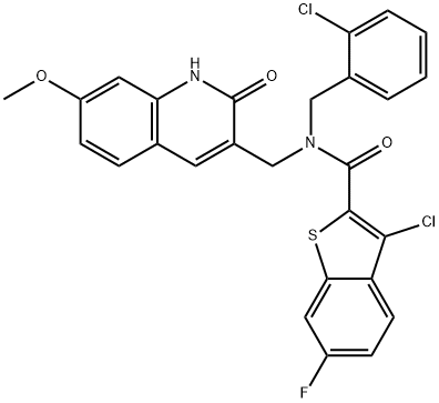 Benzo[b]thiophene-2-carboxamide, 3-chloro-N-[(2-chlorophenyl)methyl]-N-[(1,2-dihydro-7-methoxy-2-oxo-3-quinolinyl)methyl]-6-fluoro- (9CI) Struktur