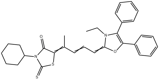 3-cyclohexyl-5-[4-(3-ethyl-4,5-diphenyloxazol-2(3H)-ylidene)-1-methylbut-2-enylidene]-2-thioxothiazolidin-4-one Struktur