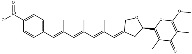 (+)-2-Methoxy-3,5-dimethyl-6-[tetrahydro-4-[(1Z,2E,4E,6E)-2,4,6-trimethyl-7-(4-nitrophenyl)-2,4,6-heptatrienylidene]furan-2-yl]-4H-pyran-4-one Struktur