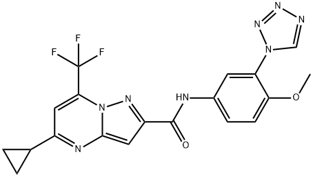 Pyrazolo[1,5-a]pyrimidine-2-carboxamide, 5-cyclopropyl-N-[4-methoxy-3-(1H-tetrazol-1-yl)phenyl]-7-(trifluoromethyl)- (9CI) Struktur