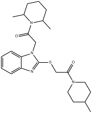 Piperidine, 2,6-dimethyl-1-[[2-[[2-(4-methyl-1-piperidinyl)-2-oxoethyl]thio]-1H-benzimidazol-1-yl]acetyl]- (9CI) Struktur