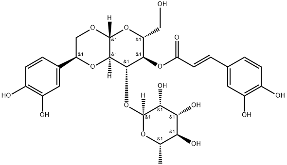 [(1R,6S,7S,8R,9R)-4-(3,4-dihydroxyphenyl)-9-(hydroxymethyl)-7-[(2S,3R,4R,5S,6S)-3,4,5-trihydroxy-6-methyl-oxan-2-yl]oxy-2,5,10-trioxabicyclo[4.4.0]dec-8-yl] (E)-3-(3,4-dihydroxyphenyl)prop-2-enoate Struktur