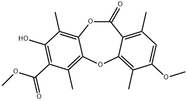 1,4,6,9-Tetramethyl-3-methoxy-8-hydroxy-11-oxo-11H-dibenzo[b,e][1,4]dioxepin-7-carboxylic acid methyl ester Struktur