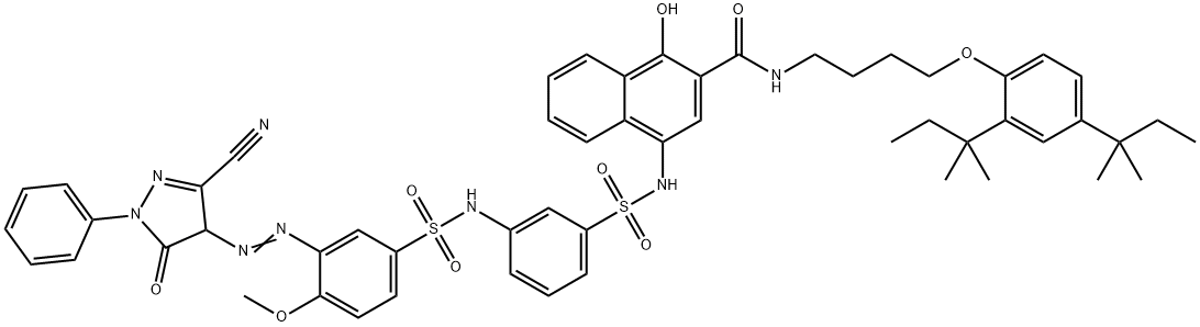 2-Naphthalenecarboxamide, N-[4-[2,4-bis(1,1-dimethylpropyl)phenoxy]butyl]-4-[[[3-[[[3-[(3-cyano-4,5-dihydro-5-oxo-1-phenyl-1H-pyrazol-4-yl)azo]-4-methoxyphenyl]sulfonyl]amino]phenyl]sulfonyl]amino]-1-hydroxy- Struktur