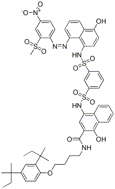 N-[4-[2,4-bis(1,1-dimethylpropyl)phenoxy]butyl]-1-hydroxy-4-[[[3-[[[4-hydroxy-8-[[2-(methylsulphonyl)-4-nitrophenyl]azo]-1-naphthyl]amino]sulphonyl]phenyl]sulphonyl]amino]naphthalene-2-carboxamide Struktur