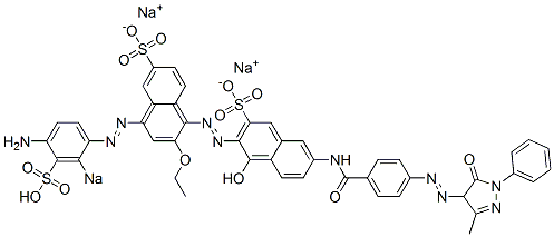 4-[(4-Amino-2-sodiosulfophenyl)azo]-2-ethoxy-1'-hydroxy-6'-[[4-[(4,5-dihydro-3-methyl-5-oxo-1-phenyl-1H-pyrazol-4-yl)azo]benzoyl]amino][1,2'-azobisnaphthalene]-3',6-disulfonic acid disodium salt Struktur