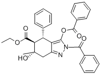 2H-Indazole-5-carboxylic acid, 4,5,6,7-tetrahydro-, 2-benzoyl-3-(benzo yloxy)-6-hydroxy-6-methyl-4-phenyl-, ethyl ester, (4-alpha,5-beta,6-al pha)- Struktur