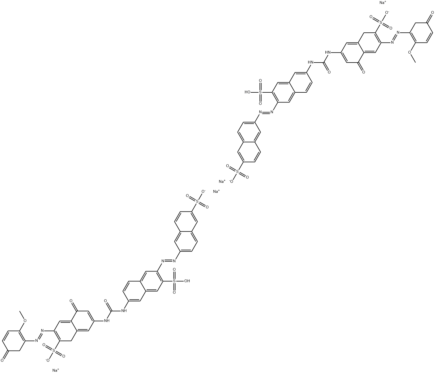 tetrasodium hydrogen 7-[[[[6-[(2-methoxyphenyl)azo]-5-oxide-7-sulphonato-2-naphthyl]amino]carbonyl]amino]-4-oxide-3-[(6-sulphonato-2-naphthyl)azo]naphthalene-2-sulphonate Struktur