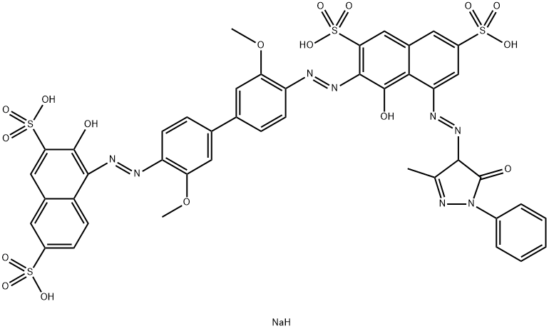 2,7-Naphthalenedisulfonic acid, 5-[(4,5-dihydro-3-methyl-5-oxo-1-phenyl-1H-pyrazol-4-yl)azo]-4-hydroxy-3-[[4'-[(2-hydroxy-3,6-disulfo-1-naphthalenyl)azo]-3,3'-dimethoxy[1,1'-biphenyl]-4-yl]azo]-, tetrasodium salt Struktur