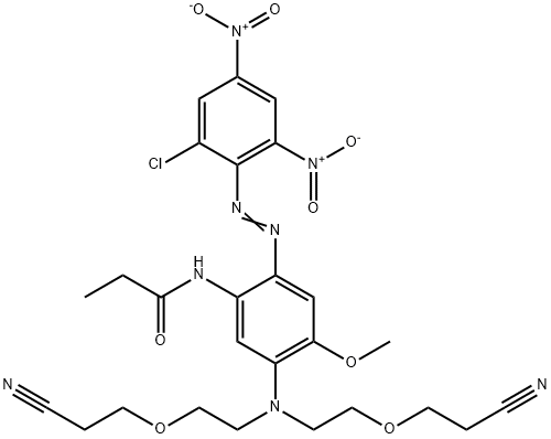 N-[5-[bis[2-(2-cyanoethoxy)ethyl]amino]-2-[(2-chloro-4,6-dinitrophenyl)azo]-4-methoxyphenyl]propionamide Struktur