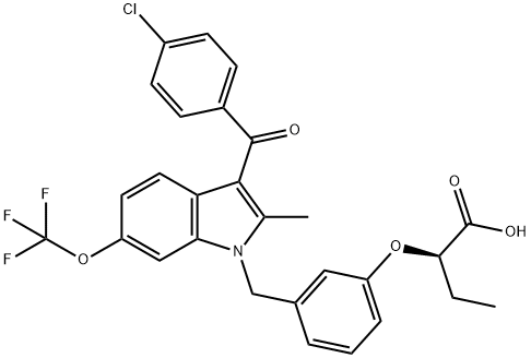 Butanoic acid, 2-[3-[[3-(4-chlorobenzoyl)-2-Methyl-6-(trifluoroMethoxy)-1H-indol-1-yl]Methyl]phenoxy]-, (2R)- Struktur