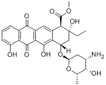 1-Naphthacenecarboxylic acid, 1,2,3,4,6,11-hexahydro-6,11-dioxo-2-ethy l-4-((2,3,6-trideoxy-3-amino-alpha-L-lyxo-hexopyranosyl)oxy)-2,5,7-tri hydroxy-, methyl ester, (1R-(1-alpha,2-beta,4-beta))- Struktur