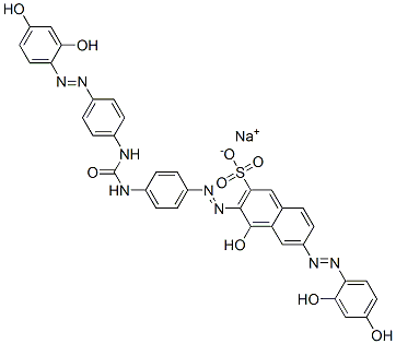 4-Hydroxy-6-[(2,4-dihydroxyphenyl)azo]-3-[[4-[3-[4-[(2,4-dihydroxyphenyl)azo]phenyl]ureido]phenyl]azo]naphthalene-2-sulfonic acid sodium salt Struktur