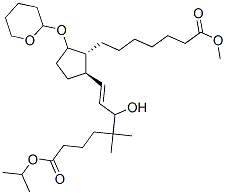 Prost-13-ene-1,20-dioic acid, 15-hydroxy-16,16-dimethyl-9-(tetrahydro-2H-pyran-2-yl)oxy-, 1-methyl 20-(1-methylethyl) ester, (13E)-(+-)- Struktur